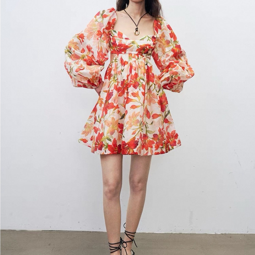 Silk and Linen blend Floral Puff Sleeve Mini Dress